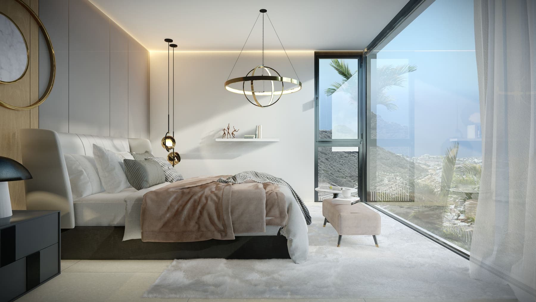 Dormitorio principal con ventanal al valle y luz cálida, vivienda unifamiliar de Urbara