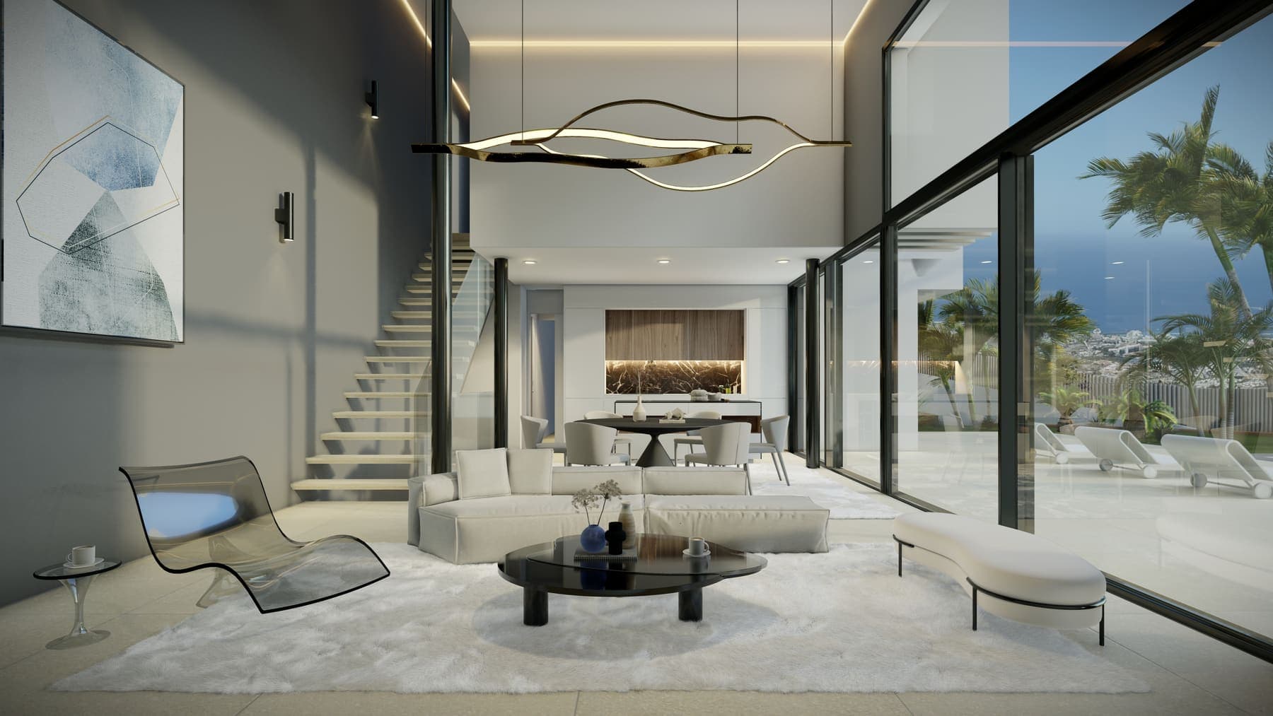 Salón de doble altura con lámpara escultural dorada y vistas al mar, proyecto Urbara en Tenerife
